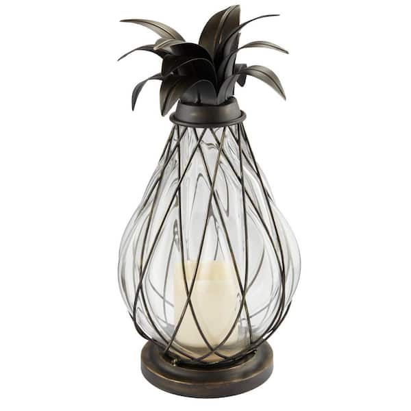 Hampton Bay 17 in. Aged Bronze Outdoor Patio LED Candle Pineapple Lantern