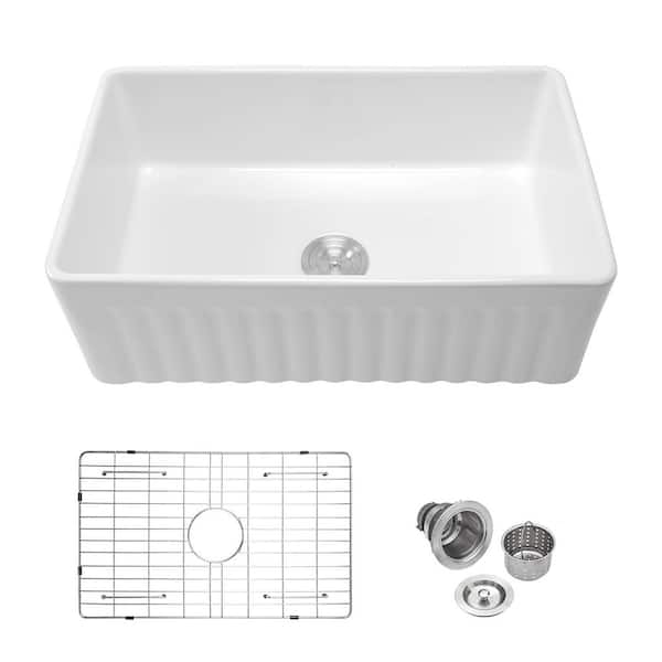 33 in. Undermount Single Bowl White Ceramic Kitchen Sink with Bottom Grids