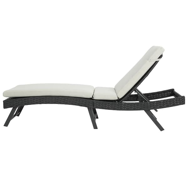 Sudzendf Black Metal Outdoor Folding Adjustable Back Chaise Lounge with Beige Cushions