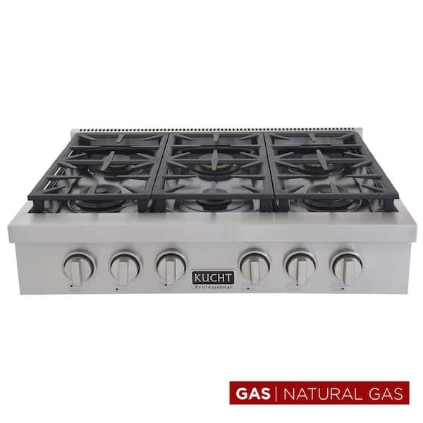 Professional 36 in. Natural Gas Range Top in Stainless Steel and Classic Silver Knobs with 6 Burners
