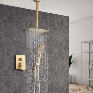 Single-Handle 1-Spray Ceiling 12 in. Shower Head Square High Pressure Shower Faucet in Gold (Valve Included)