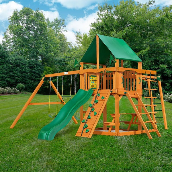 Gorilla Playsets Navigator Wooden Outdoor Playset with Green Vinyl Canopy, Monkey Bars, Slide, and Backyard Swing Set Accessories
