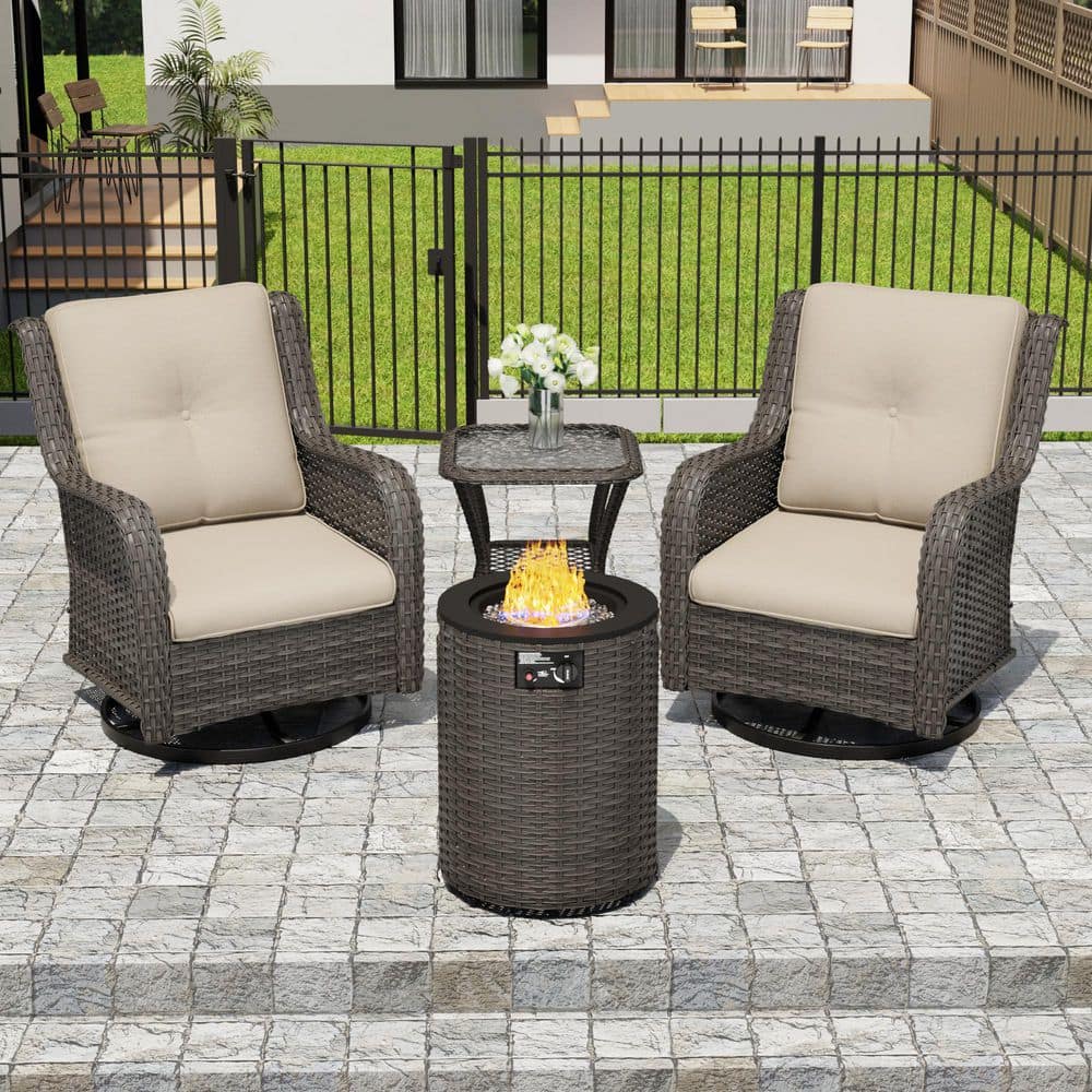 4-Piece Brown Wicker Frame Fire Pit Patio Sets with 2 Swivel Chairs Beige Cushions, 1 Fire Pit and 1 Side Table price history on PriceWatchPro