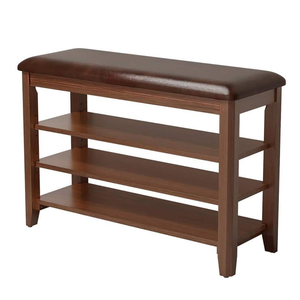 31.5" W Walnut Solid Wood Shoe Storage Bench with Cushion