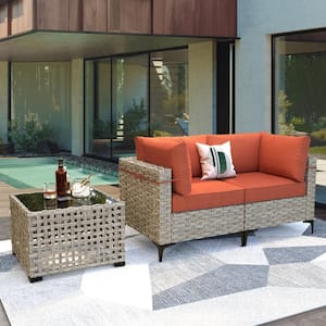 Supery Gray 3-Piece Wicker Patio Conversation Set with Bold-Stripe Orange Red Cushions and Coffee Table