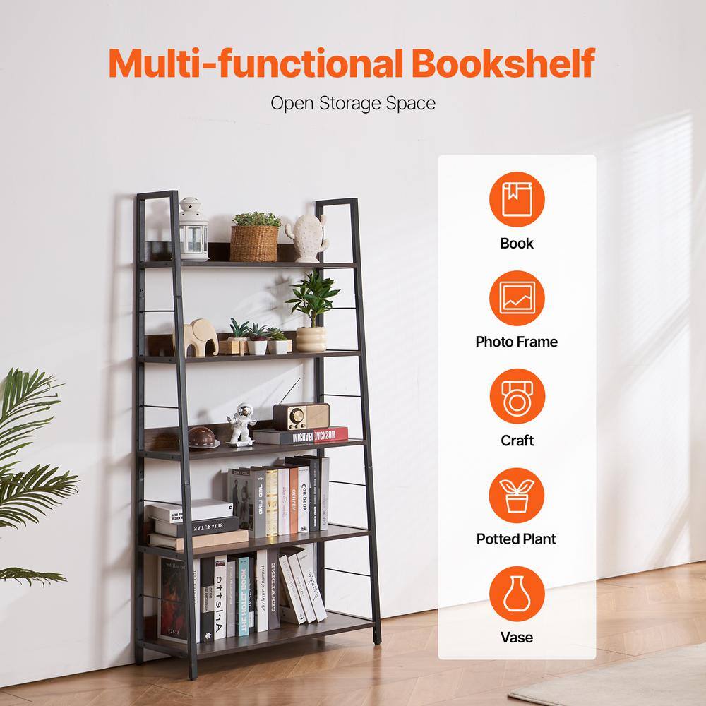 Tall Brown Matte 5-Tier Ladder Metal Bookshelf