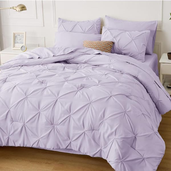 Afoxsos King Size Comforter Set 7 Pieces, Pintuck Bed in a Bag with Comforter, Bed Sheet, Pillowcases and Shams, Light Purple