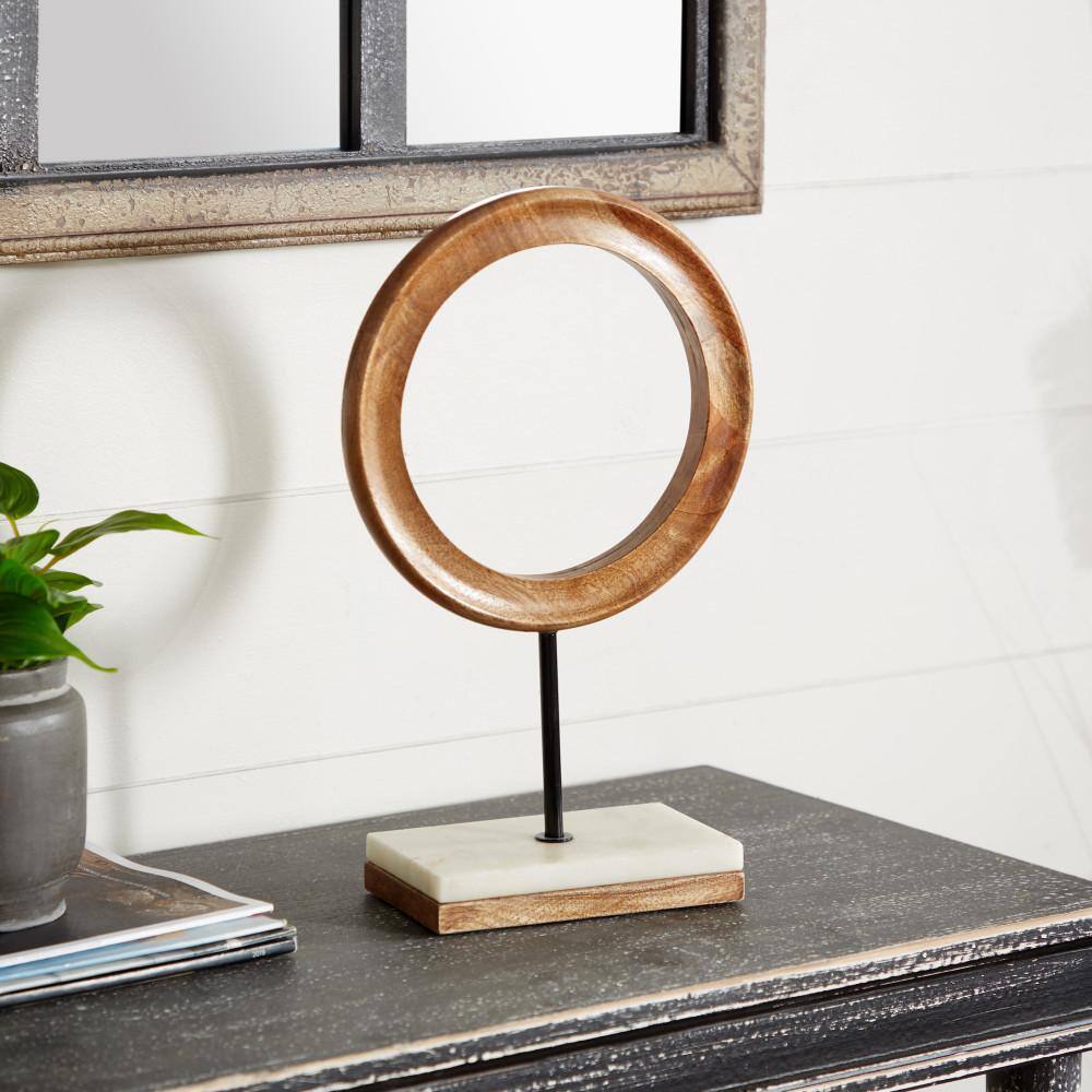 14" Brown Mango Wood Geometric Sculpture with Marble Base