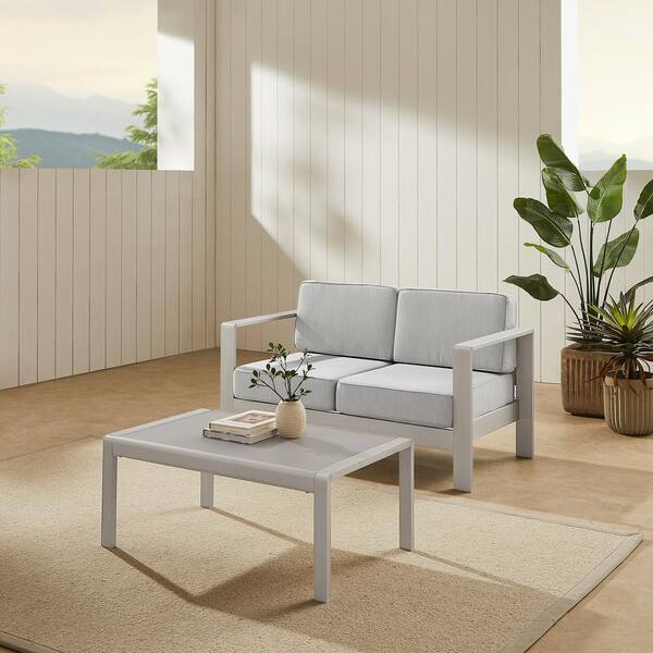 Linon Home Decor Kelten Anodized Grey 2-Piece Aluminum 2-Seater Patio Conversation Set with Gray Polyester Cushions