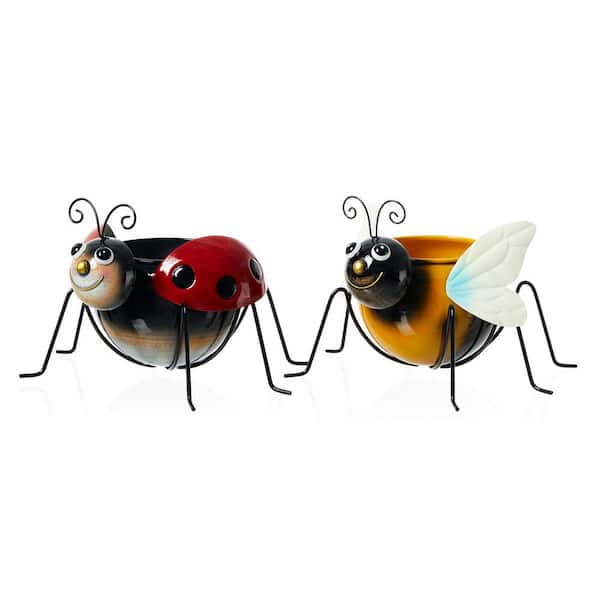 Glitzhome 7.25 in. H Metal Bee and Ladybug Metal Staute Planter with Drainage Hole (Set of 2)