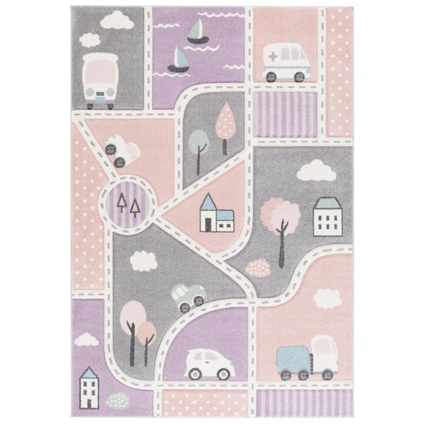 Carousel Kids 5 ft. x 8 ft. Gray/Pink Neighborhood Roads Area Rug