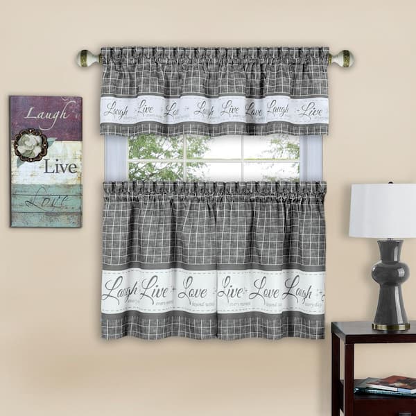 ACHIM Live, Love, Laugh Grey Polyester Light Filtering Rod Pocket Tier and Valance Curtain Set 58 in. W x 24 in. L