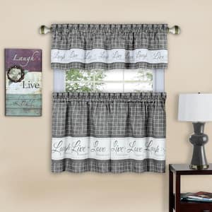 Live, Love, Laugh Grey Polyester Light Filtering Rod Pocket Tier and Valance Curtain Set 58 in. W x 24 in. L