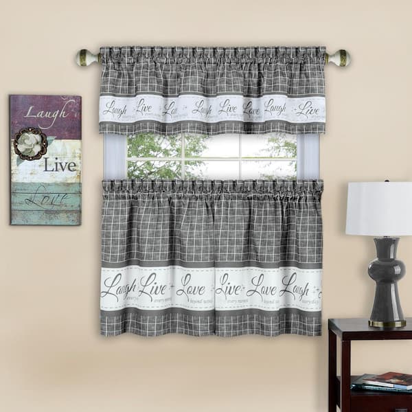 ACHIM Live, Love, Laugh Grey Polyester Light Filtering Rod Pocket Tier and Valance Curtain Set 58 in. W x 36 in. L