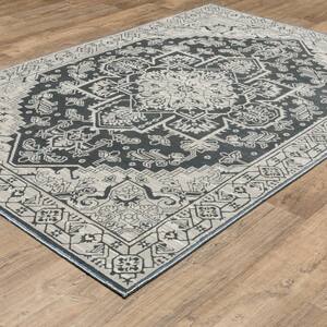 Imperial Blue/Gray 5 ft. x 8 ft. Persian-Inspired Center Oriental Medallion Polyester Indoor Area Rug