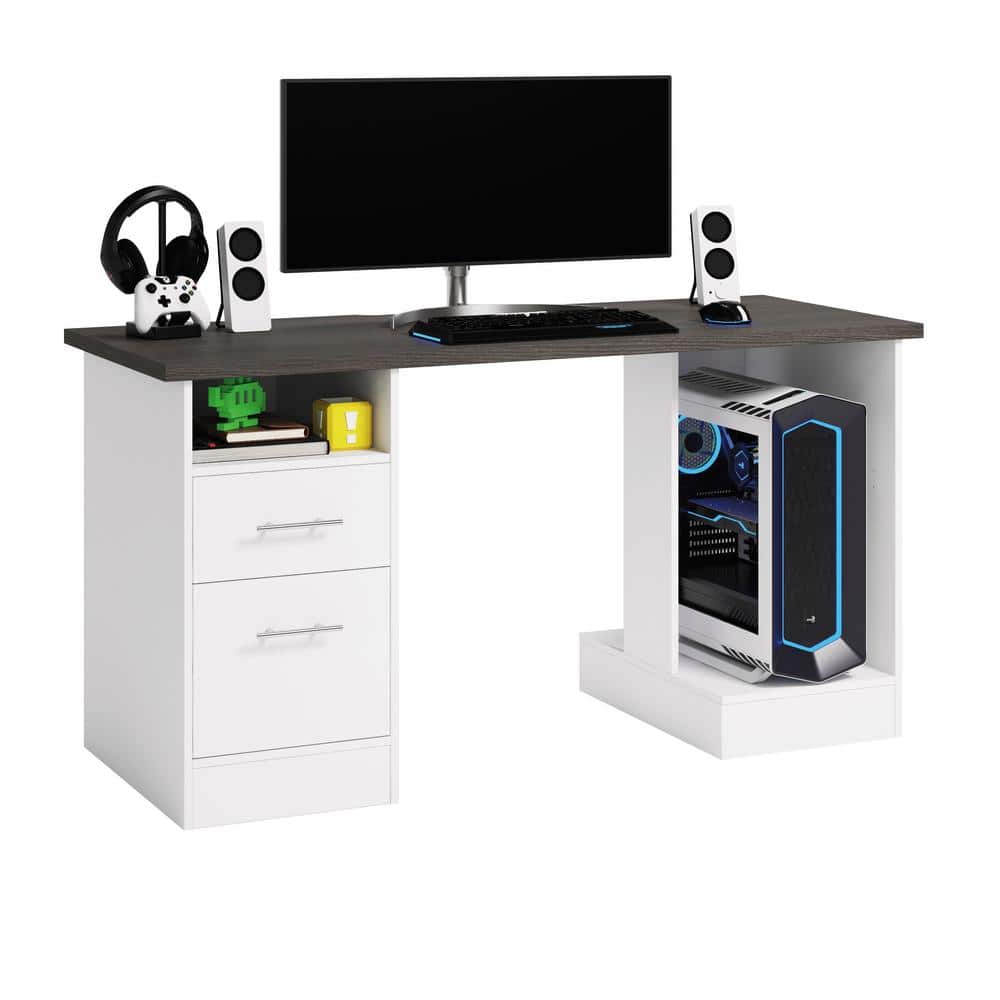 Versatile White Gaming Desk with Charcoal Ash Accents and Headphone Hook