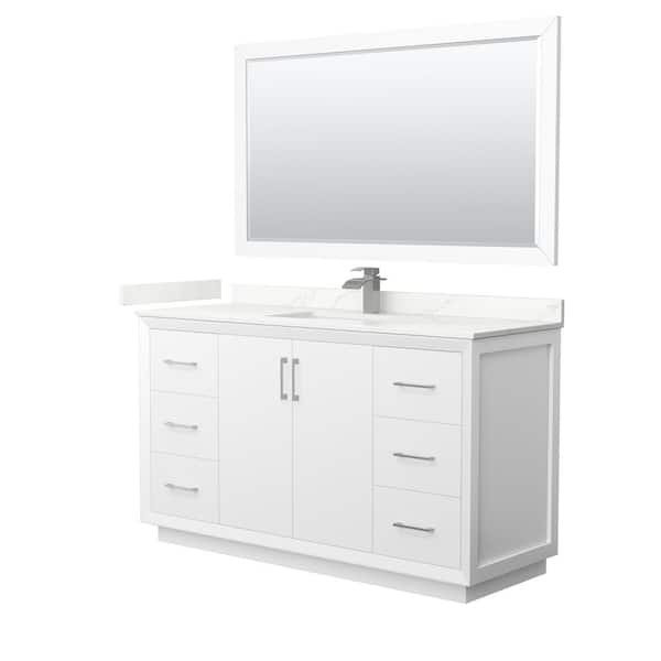 Wyndham Collection Strada 60 in. W x 22 in. D x 35 in. H Single Bath Vanity in White with Giotto Quartz Top and 58 in. Mirror