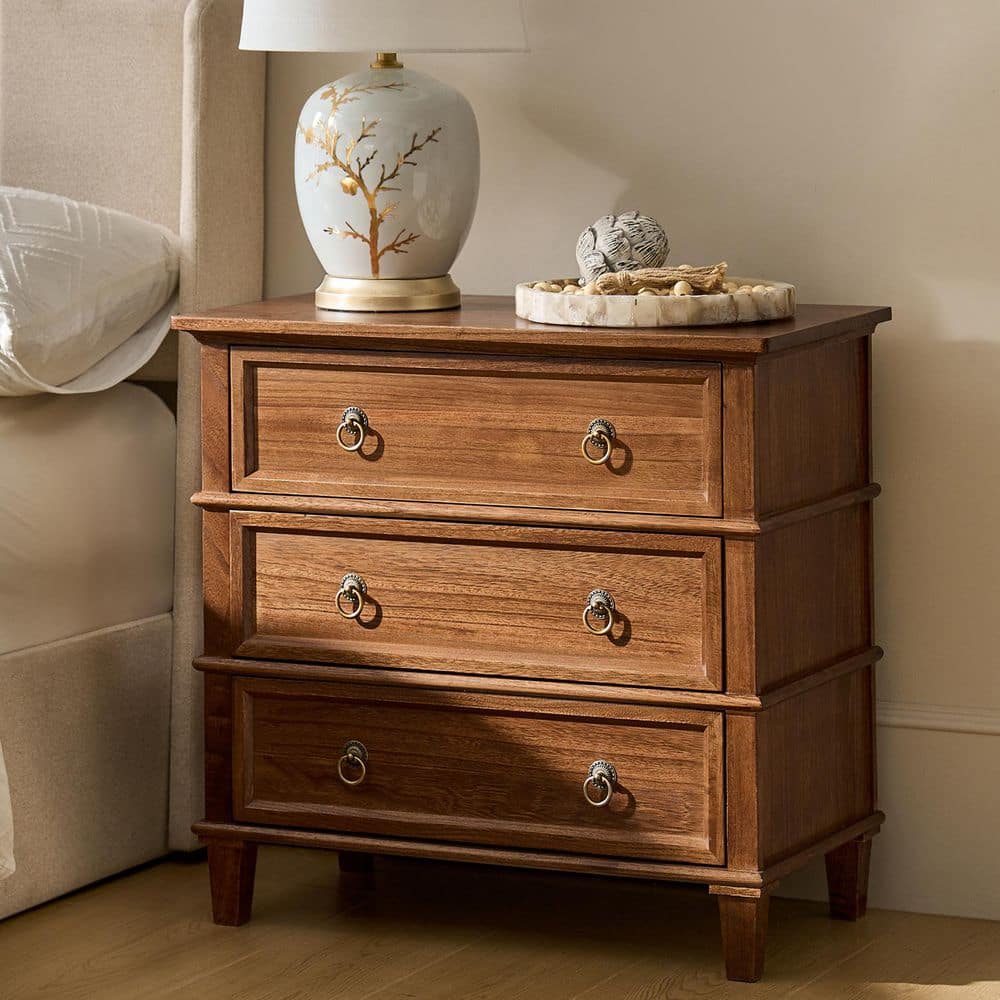 Olinto Cherry Transitional 3-Drawer 28 in. W Nightstand with Charging Station