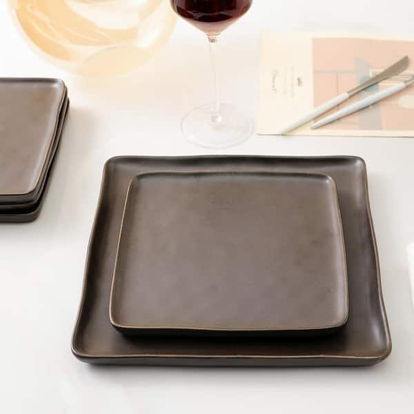 Ceramic Dish Set For 8, Black and Brown Dinnerware Set by