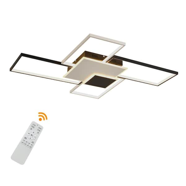 OUKANING 43.3 in. White and Black Modern Rectangle Flush Mount Dimmable Led Ceiling Light for Living Room with Remote