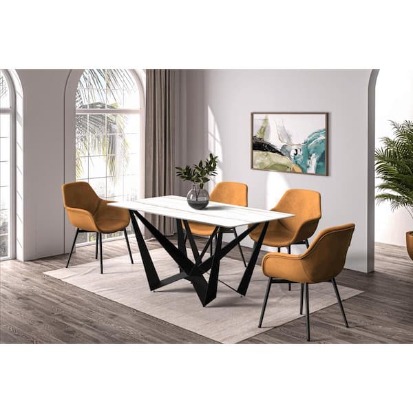 Leisuremod Nuvor Dining Table with 71 in. Sintered Stone Rectangular Top and Black Steel Pedestal Base in White/Gold Seats 10 plus