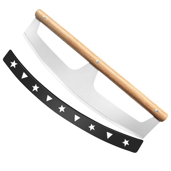 Stainless Steel Pizza Rocker Knife with Wooden Handles & Protective Cover, 16" Sharp Blade for Easy Cutting