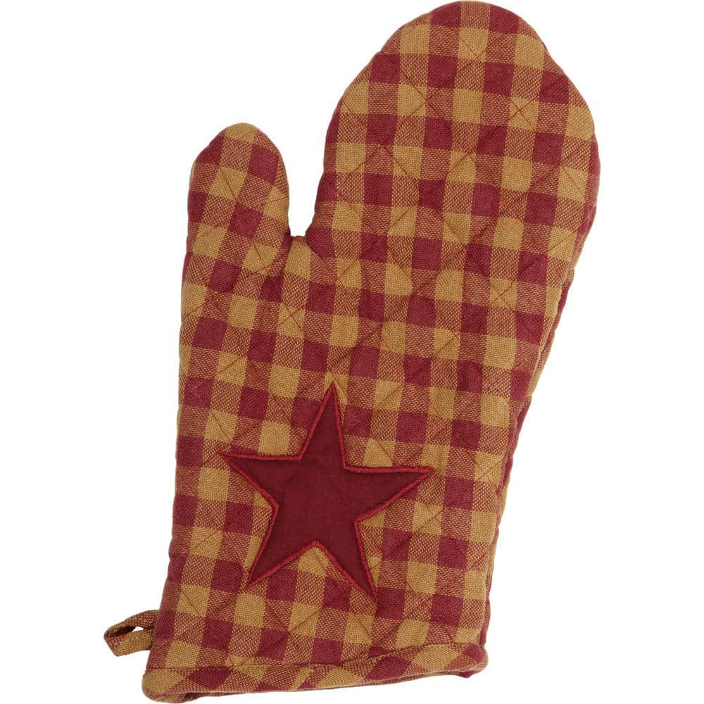 VHC BRANDS Primitive Star Burgundy Tan Checkered Cotton Oven Mitt