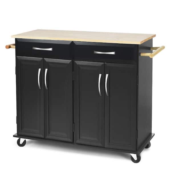 StyleWell Glenville Black Double Drawer Kitchen Cart with Butcher Block Top and Locking Wheels (42 W)