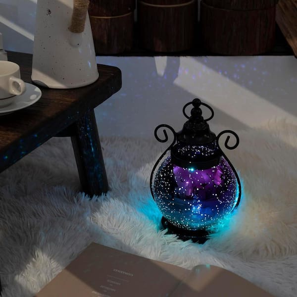 10.4 in. x 8 in. Purple Glass Moroccan Lantern with LED Candle