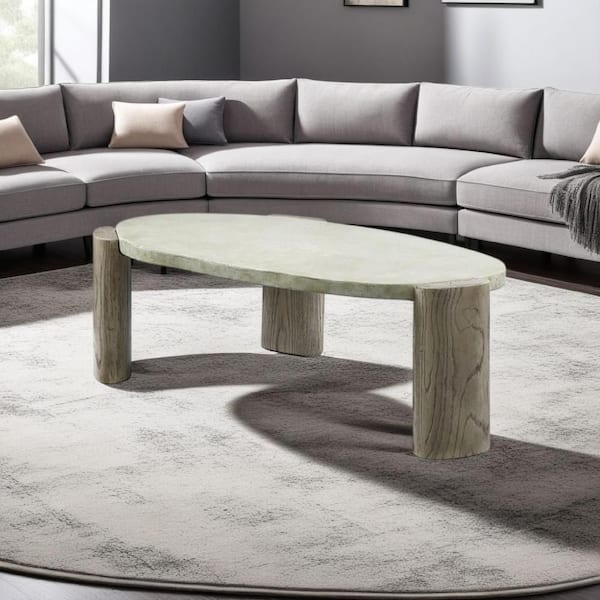 28 in. Smooth Gray and Oak Brown Oval Concrete Coffee Table