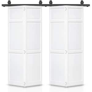 48 in. x 80 in. Traditional 6 Panel Solid Core Prime White Wood Double Bi-Fold Barn Door with Sliding Hardware Kit