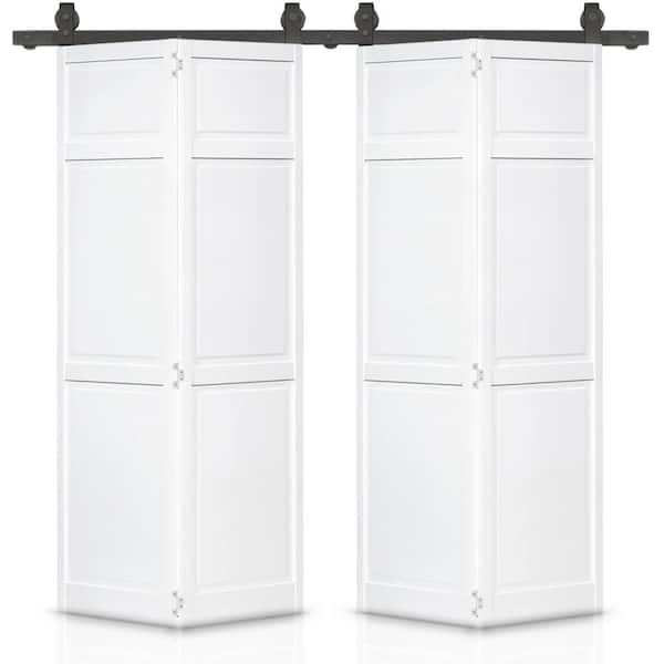 CALHOME 60 in. x 80 in. Traditional 6 Panel Solid Core Prime White Wood Double Bi-Fold Barn Door with Sliding Hardware Kit