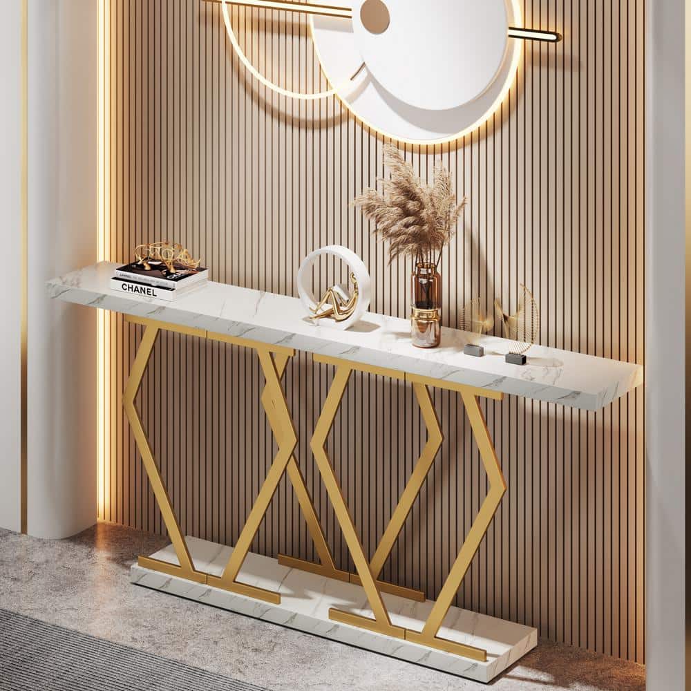 White Faux Marble and Gold Metal Console Table with Storage