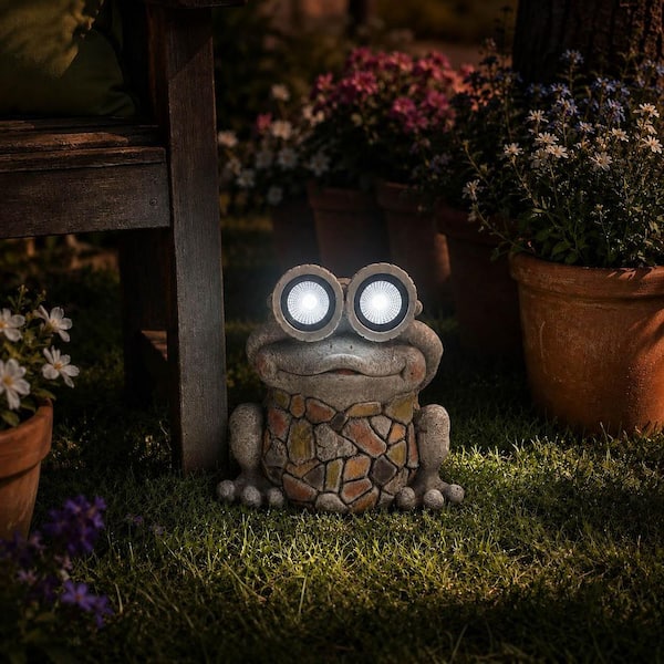 Liv & Skye Gray 11.75 in. x 12 in. Resin Frog with Solar Goggles