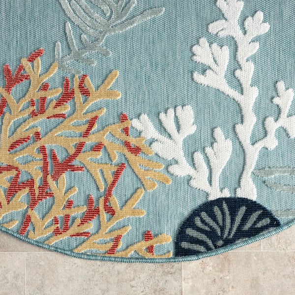 Coral Reef 5 ft. 3 in. Round Hi-Low Coastal Blue Indoor Outdoor Area Rug