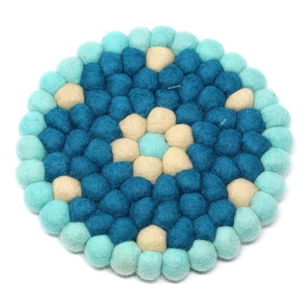 Global Craft Felt Ball Trivets: Round Flower Design, Turquoise