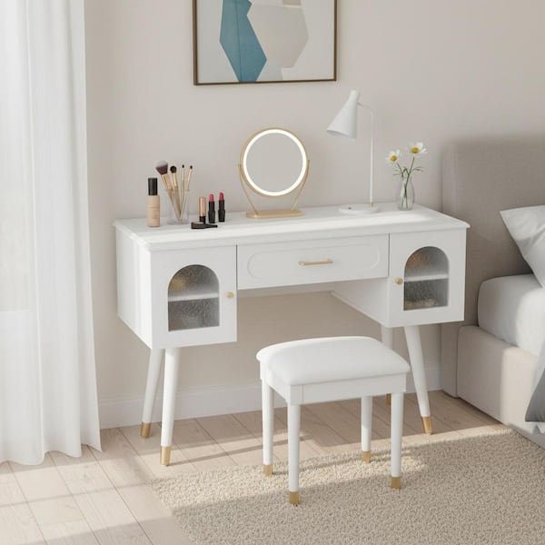 White Makeup Vanity Set with Charging Port and Cabinets