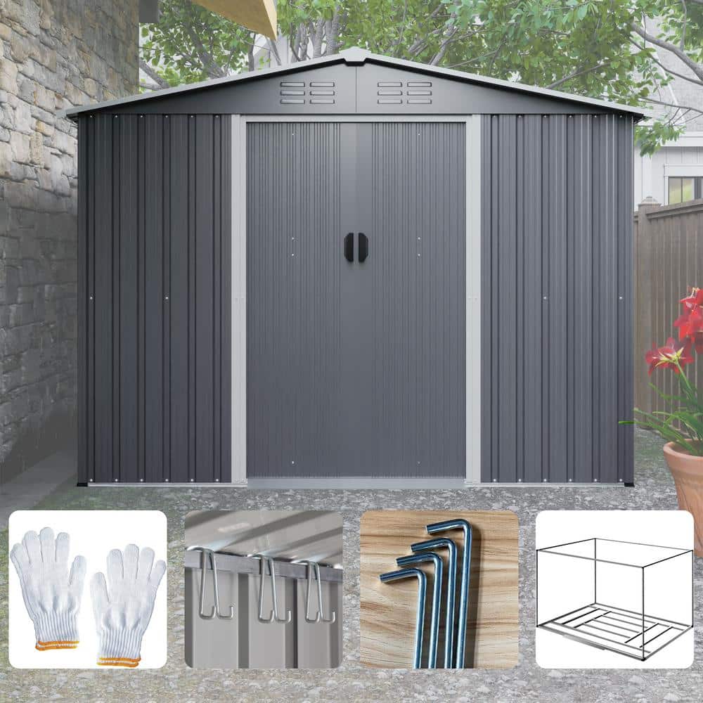 8x6 ft Gray Metal Outdoor Storage Shed with Double Doors