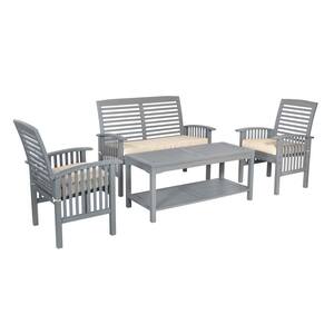 Chevron Grey Wash 4-Piece Classic Wood Outdoor Patio Conversation Set with Beige Cushions