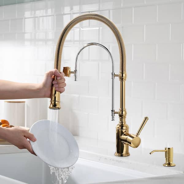 Solid Brass Single Handle Pull Down Sprayer Kitchen Faucet with Soap Dispenser in Gold and Chrome