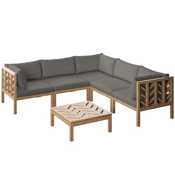 TK CLASSICS 6-Piece Acacia Outdoor Sectional Conversation Set with Grey Cushions