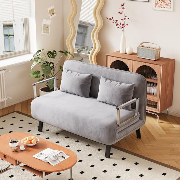 J&E Home 55.1 in. W Gray Velvet Twin Size 2-Seats Convertible Sofa Bed