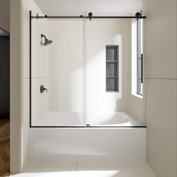 Nexus 60 in. W x 60 in. H Sliding Semi-Frameless Tub Door in Matte Black Finish with Clear Tempered Glass