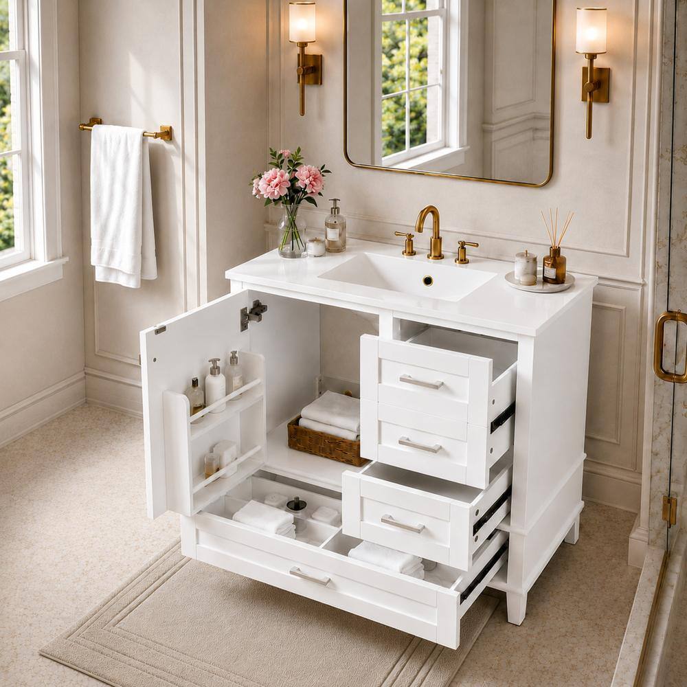 36 in.White Freestanding Bathroom Vanity with Ceramic Single Sink,Soft Close Door & Drawers,Door Storage Rack price history on PriceWatchPro