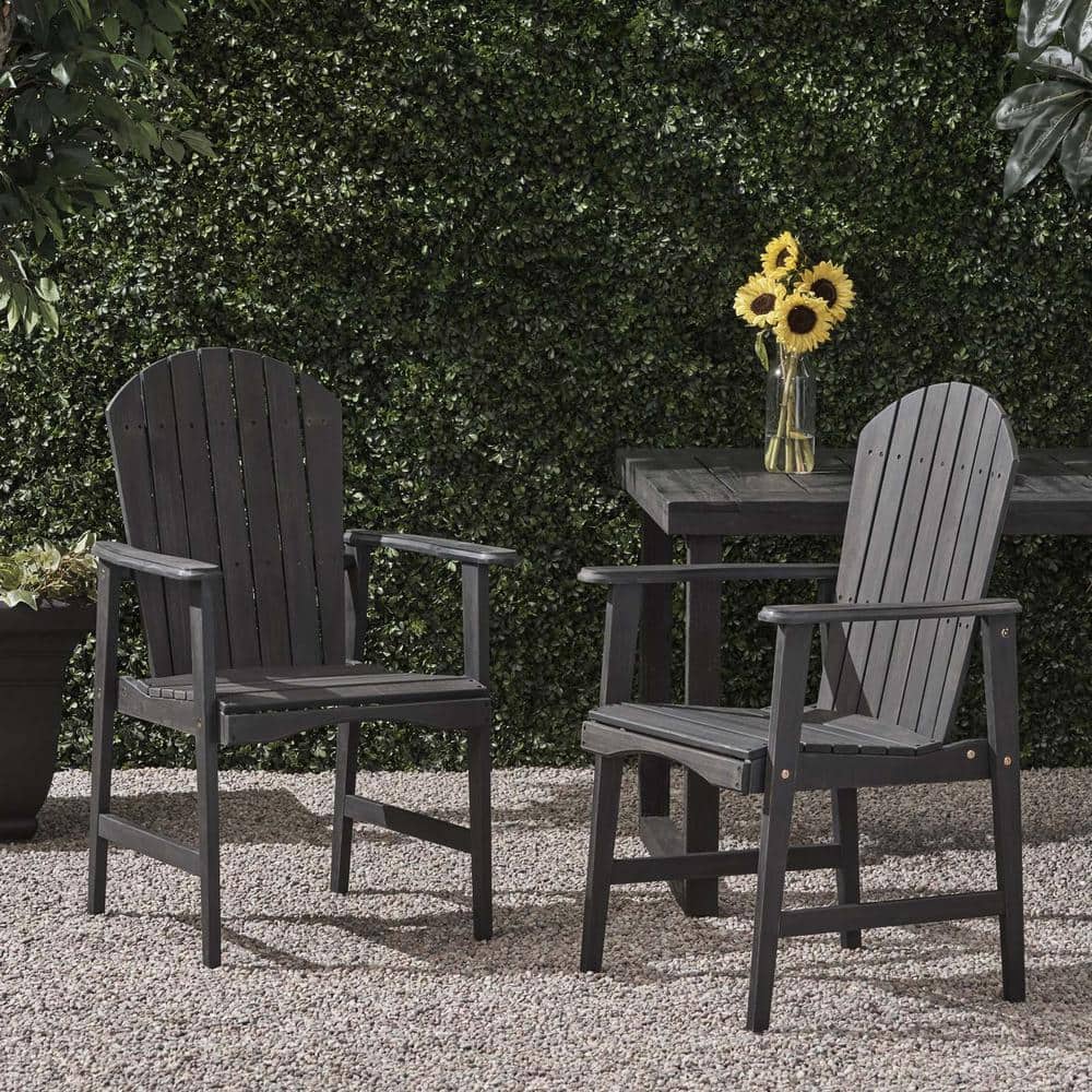 Dark Gray Acacia Wood Outdoor Dining Chairs High Back Patio Lounge Chairs S
