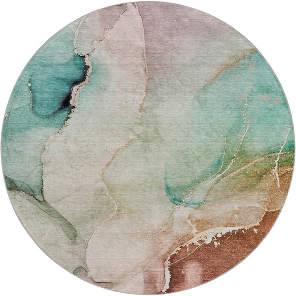 Dream Shag Premium Machine Washable Abstract ADS521 Teal 8 ft. x 8 ft. Round Rug