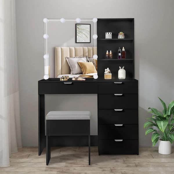 2-Piece Black Makeup Vanity Set with 7-Drawer 2-Tier Mirrored Cabinet