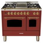 40 in. 4.0 cu. ft. Double Oven Dual Fuel Italian Range with True Convection, 5 Burners, Griddle, Brass Trim in Burgundy