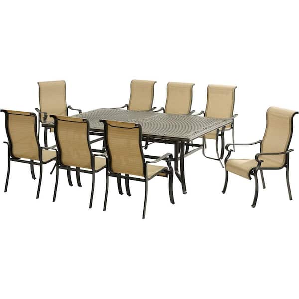 Hanover Brigantine 9-Piece Aluminum Outdoor Dining Set with an XL Cast-Top Table and 8-Slingback Dining Chairs