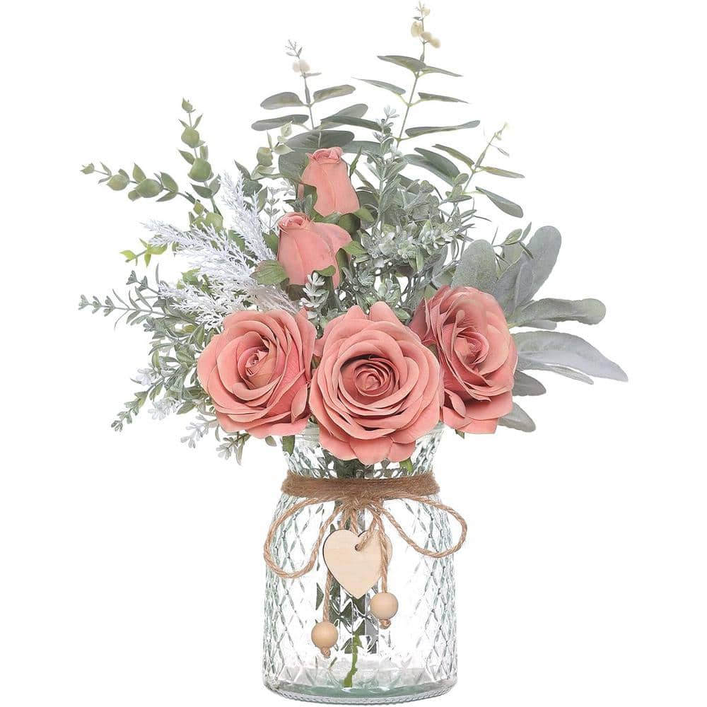 14.5 in. Dusty Pink Indoor Artificial Silk Roses in Clear Vase